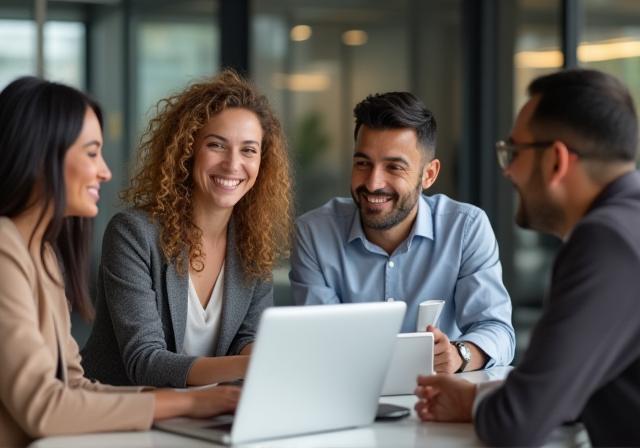 A smiling team photo of Synthex Digital Solutions employees working together in a modern office setting